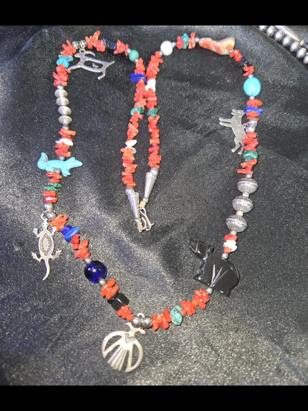 Native American Coral, Semi-Precious Stones, 925 Charms & beads Necklace